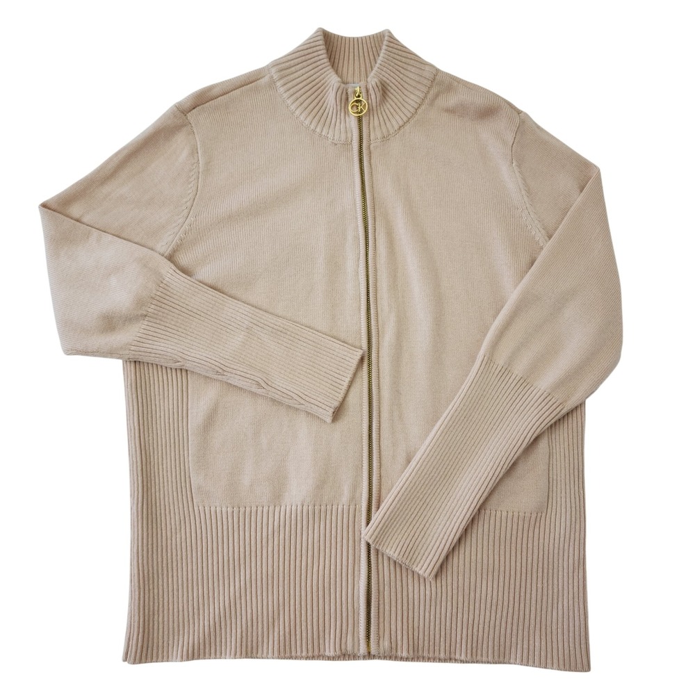 Calvin Klein Womens Full Zip Cardigan Sweater Beige Mock Neck Gold Logo Size L